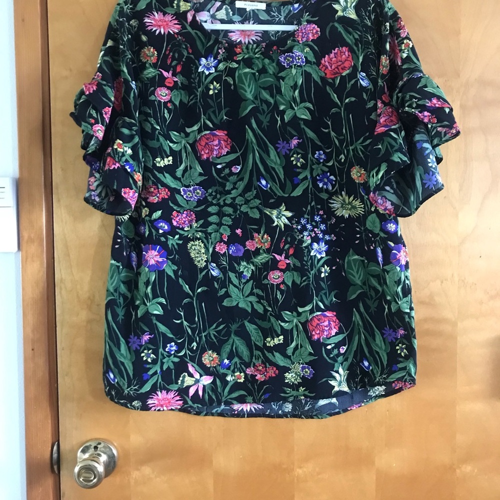 Floral Ruffle Sleeve Women's Top - Black with Pink & Green